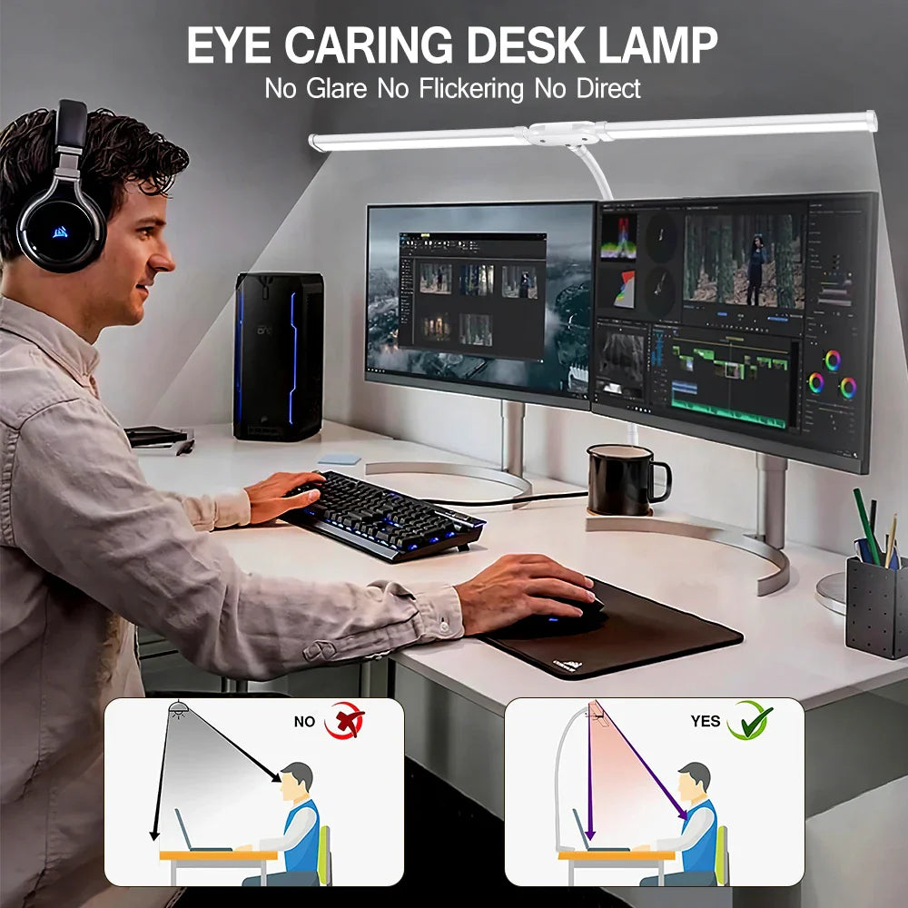 LED Double/Single Head Reading Desk Lamp Foldable Swing Arm Table Lamp with Clip Dimmable Workstation Office PC Eye Protection