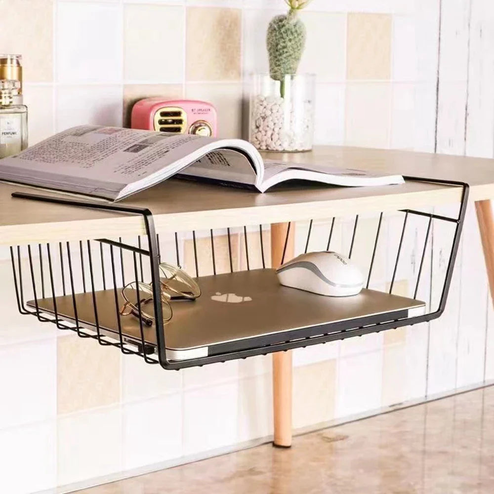 Metal Iron Kitchen Organizer Shelf Desk Cabinet Storage Rack Under Table Hanging Mesh Basket Wardrobe Holders