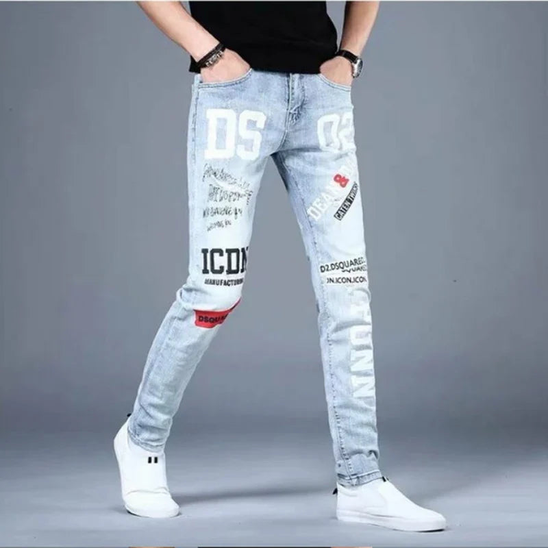 Man's Trousers Classic Distinctive Printed Black Stretch Denim Jeans for Men High Quality Slim Fit Stretch Hip Hop Denim Pants