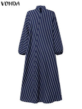 Plus Size 5XL VONDA Elegant Striped Maxi Dress Women High Neck Elegant Long Sundress Long Puff Sleeve Printed Vestidos