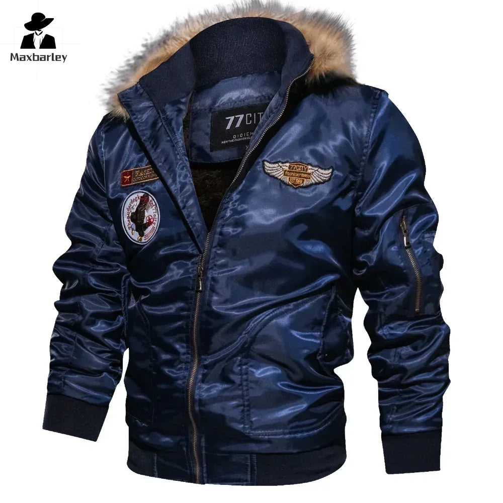 Military Tactics Aviator Jacket Men's Winter Wool Windproof Warm Motorcycle Jacket Men's Outdoor Fur Collar Hooded Parker Coat