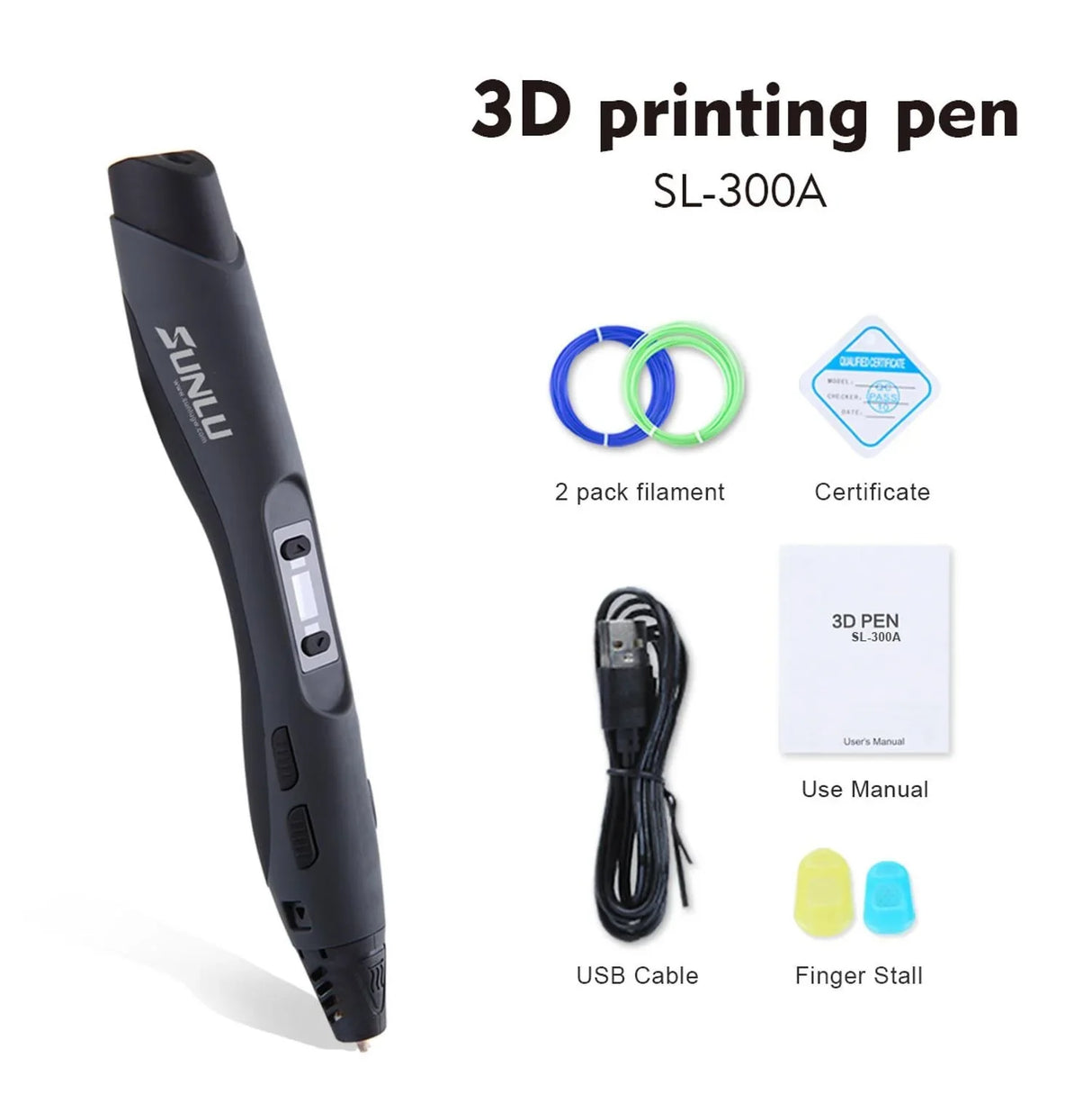 Creative 3D Drawing Pen by SUNLU - SL-300A with Dual Temperature Settings for Kids and Adults, Compatible with PLA/ABS/PCL Filaments