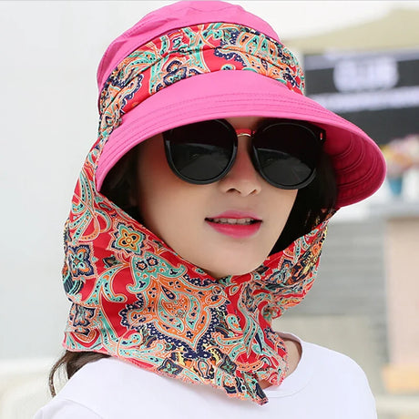 Fashion Women Summer Outdoor Riding Anti-UV Sun Hat Beach Foldable Sunscreen Floral Print Caps Neck Face Wide Brim Hat