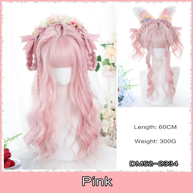 AS  Cosplay Wig With Bangs Synthetic Straight Hair 24 Inch Long Heat-Resistant Pink Wig For Women