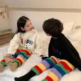 2024 Winter Children Girls 2PCS Clothes Set Cotton Warm Smiling Pullovers Rainbow Striped Trousers Kids Girls Loungewear Outfits