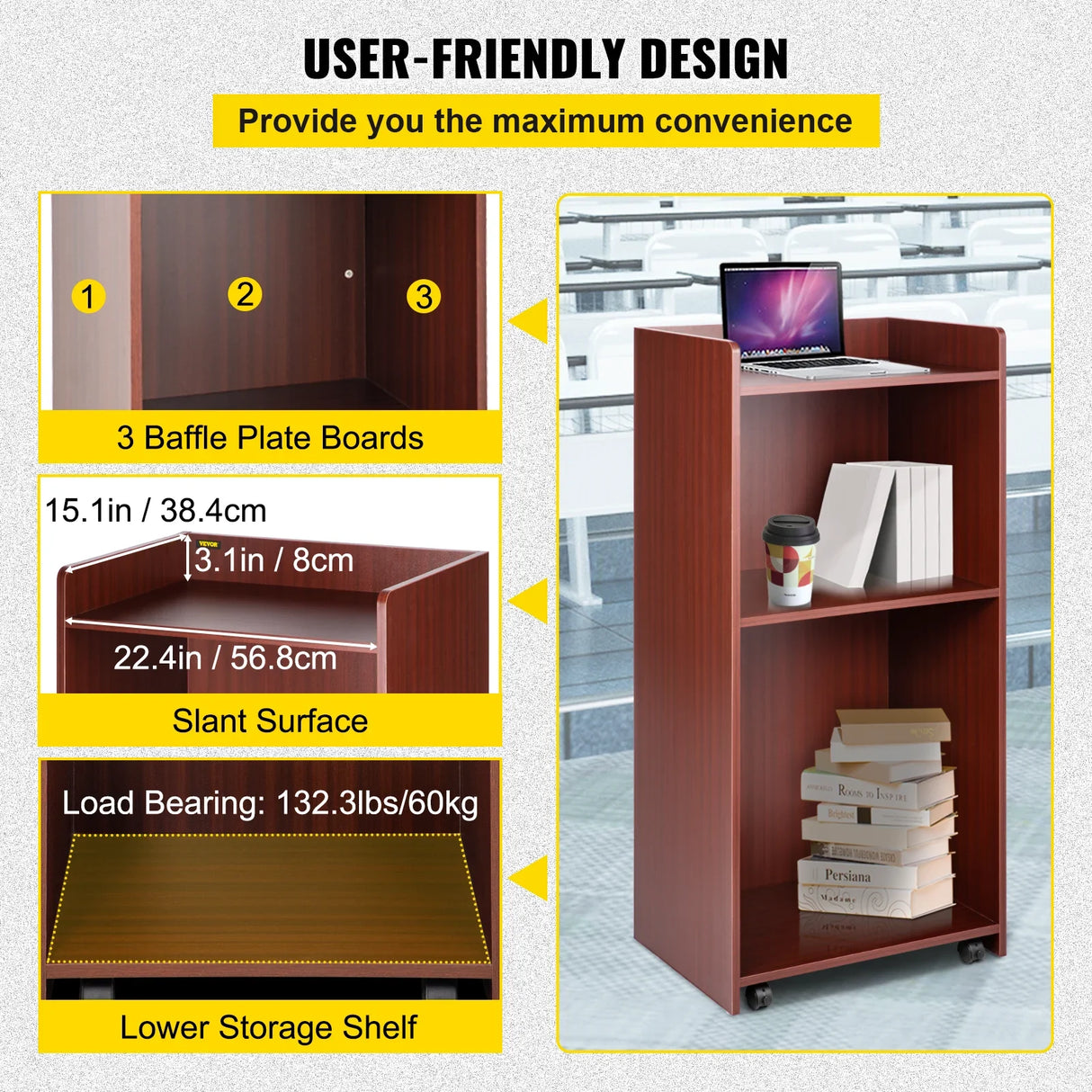 VEVOR Wood Podium 2 x 4 FT Lecterns w/ 4 Rolling Wheels Baffle Plate & Shelf Easy Assembly Walnut for Church Office School Home