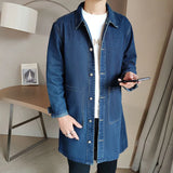 Mid-length Denim Windbreaker Jacket Men Spring Autumn Casual Trench Coat Korean Fashion Solid Wild Loose Male Trendy Outerwear