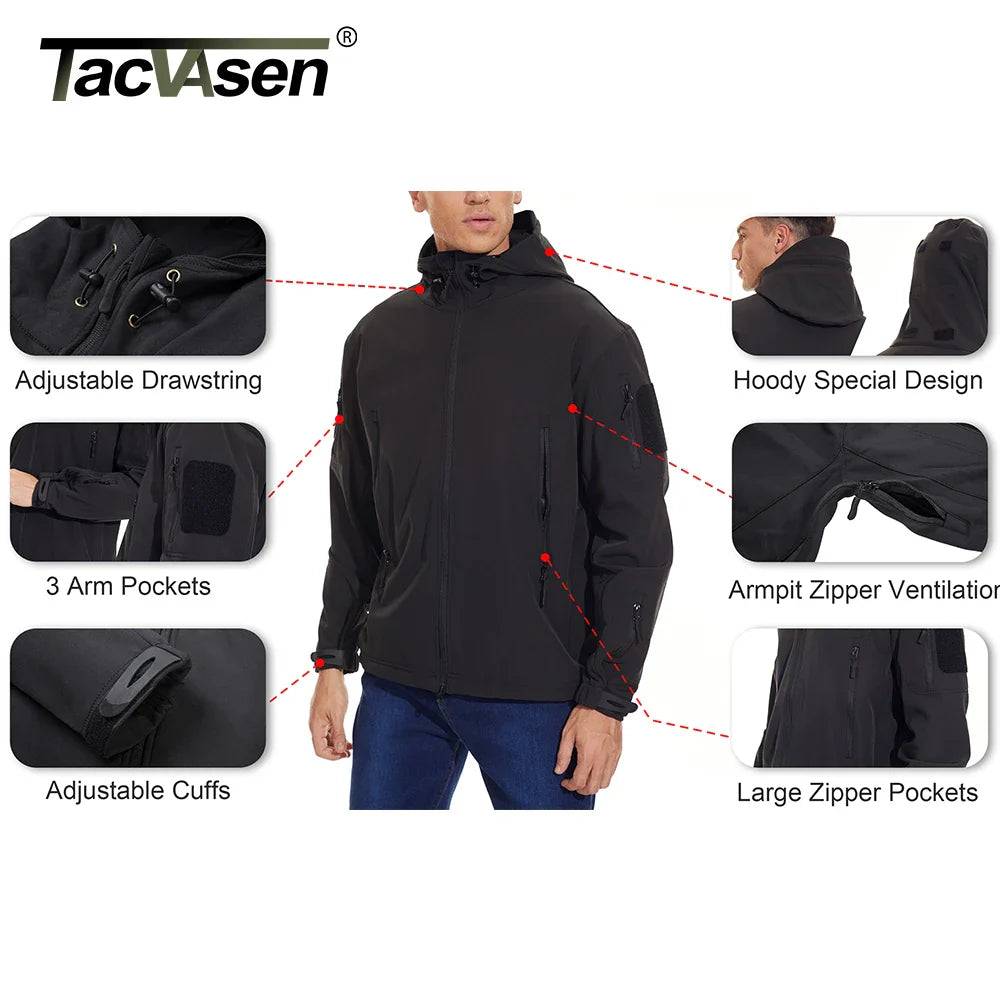 TACVASEN Winter Waterproof Fleece Lined Jackets Men's Safari Softshell Jackets Outdoor Hooded Coats Windproof Warm Windbreaker