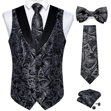 Brand Suit Vest Set For Men Luxury Silk Black Gold Paisley Dress Vest Tie Cufflinks Handkerchief Set Male Sleeveless Waistcoat