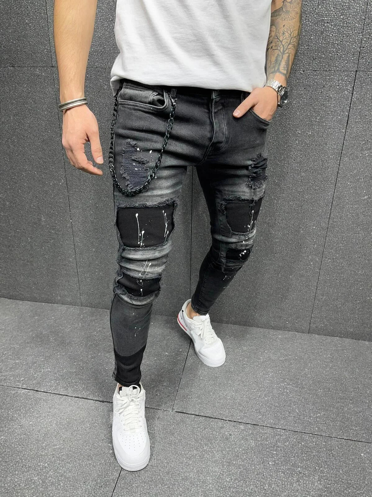 White Embroidery Jeans Men Cotton Stretchy Ripped Skinny Jeans High Quality Hip Hop Black Hole Slim Fit Oversize Denim Pants