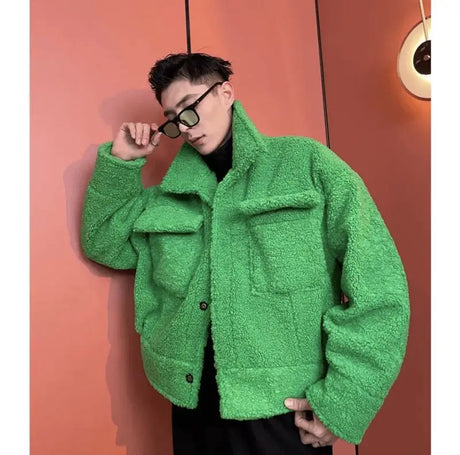 Green Ruffian Jacket for Men Lamb Wool Thickened Padded Jacket Plush Winter Trendy Baseball Clothes Single-breasted Hipster Coat