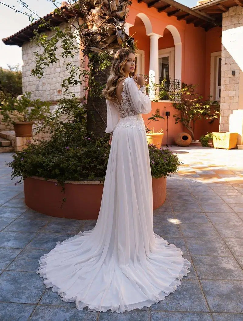 Sevintage Chiffon Long Puff Sleeves Wedding Dress Boho Appliques Lace Beach Bride Gowns O-Neck Court Train Bridal Party Dress