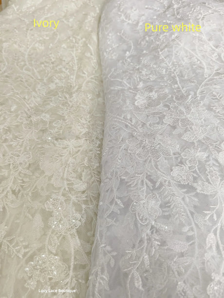 Snow White, Ivory Sequined Tulle Lace Fabric for Wedding Dress 2021 NEW Arrival High Quality Florals Embroidery Lace Free Ship