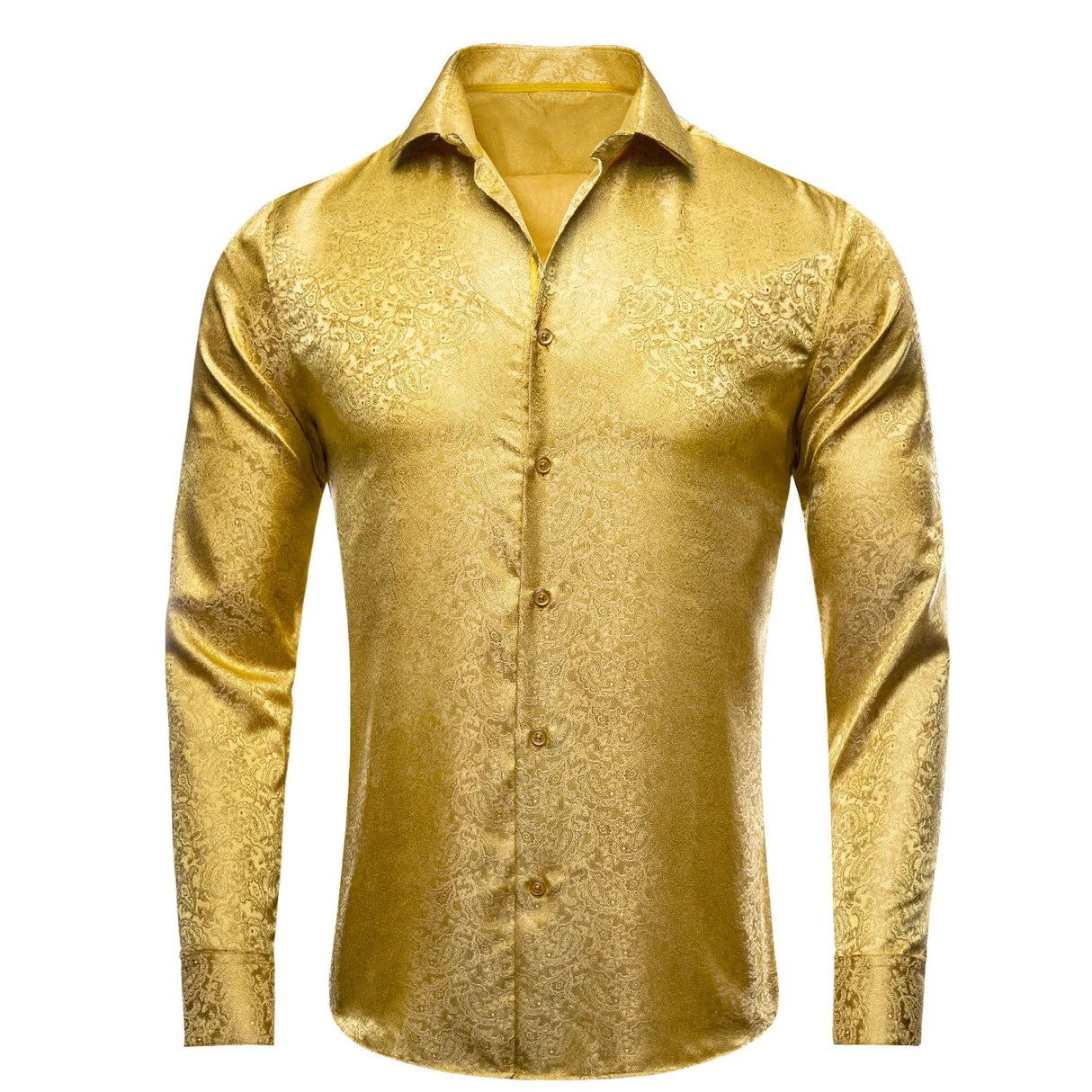 Hi-Tie Gold Luxury Mens Shirts Silk Jacquard High Quality Long Sleeve Lapel Shirt Casual Formal for Male Wedding Business Gifts