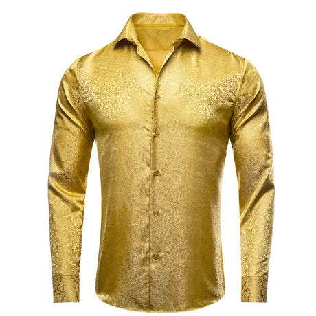 Hi-Tie Gold Luxury Mens Shirts Silk Jacquard High Quality Long Sleeve Lapel Shirt Casual Formal for Male Wedding Business Gifts