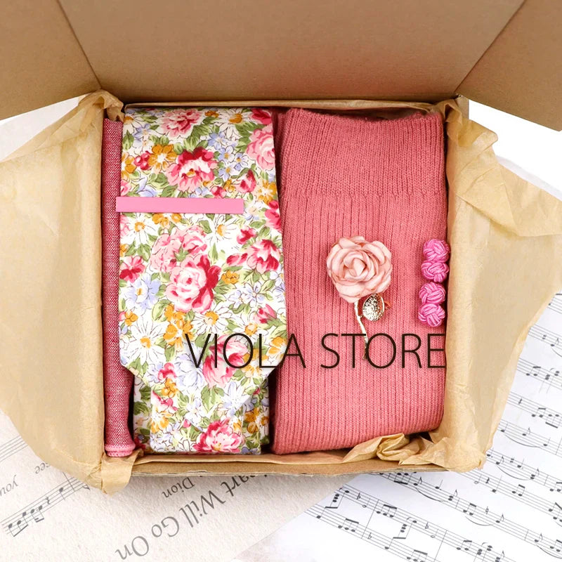 Viola Design 6PCS Gift Box Floral Solid Cotton Sock Tie Sets Clip Pin Cufflinks Hankie Men Wedding Party Daily Cravat Accessory