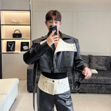 IEFB Spring Designer Short Denim Pu Leather Jacket Contrast Color 2023 Turn-down Collar Long Sleeve Male Coat Fashion 9A7435