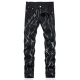 Men Embroidery Black Denim Jeans Streetwear Punk Slim Tapered Pants Casual Stretch Trousers