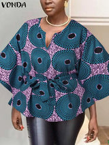 Plus Size 5XL VONDA Women Tunic Tops 2023 Fashion 3/4 Sleeve Casual Printed Bohemian Blouse V-neck Loose Belted Party Shirts