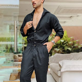 Men Jumpsuits Overalls Long Sleeve Single Breasted Button Turn Down Collar Solid Pencil Pants High Street Casual Pockets