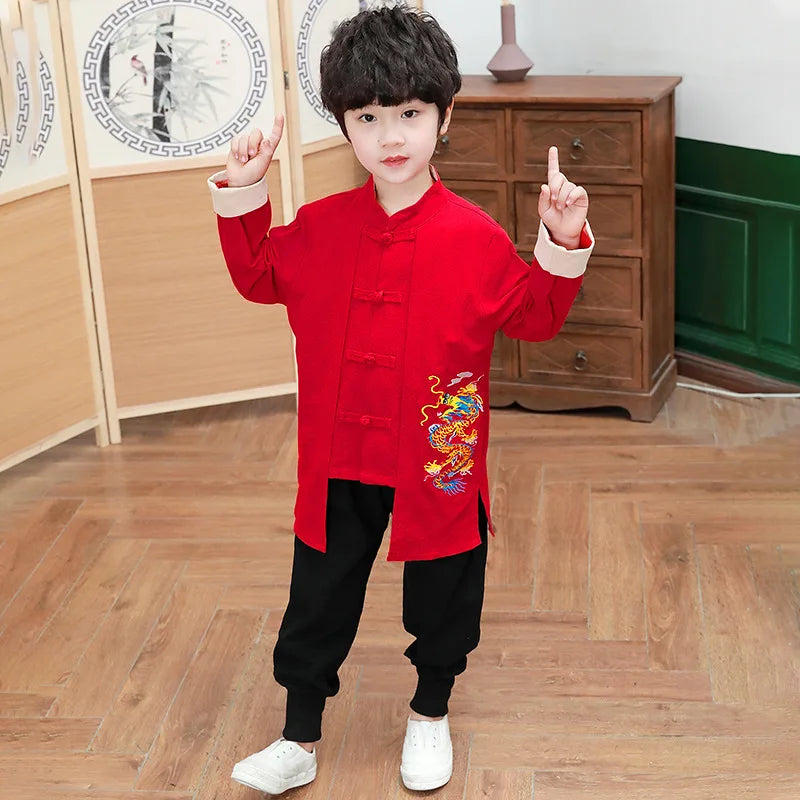 2023NEW Chinese Traditional Hanfu For Kids Boys Long Sleeve Dragon Embroidery New Year Tang Suit Christmas Autumn Cotton Red