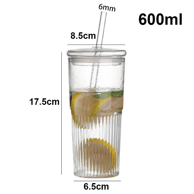 600ml Ins Stripe Glass Cup With Lid and Straw Transparent Drinking Glasses Iced Coffee Mug Juice Tea Cup Water Cups Drinkware