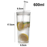 600ml Ins Stripe Glass Cup With Lid and Straw Transparent Drinking Glasses Iced Coffee Mug Juice Tea Cup Water Cups Drinkware