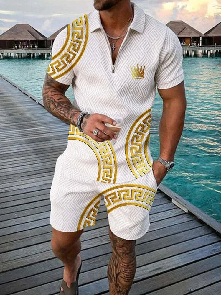 Boho Geometric Style 3D Print Men Polo shirts Set Zipper Lapel Polo Sets Zipper Collar+Shorts 2pcs Hawaii Holiday Man Clothes