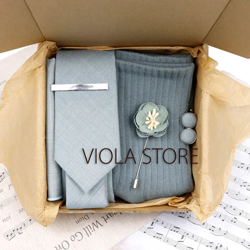 Viola Design 5PCS Gift Box Solid Cotton Sock Tie Sets Clip Pin Cufflinks Hanky Colorful Men Wedding Party Daily Cravat Accessory