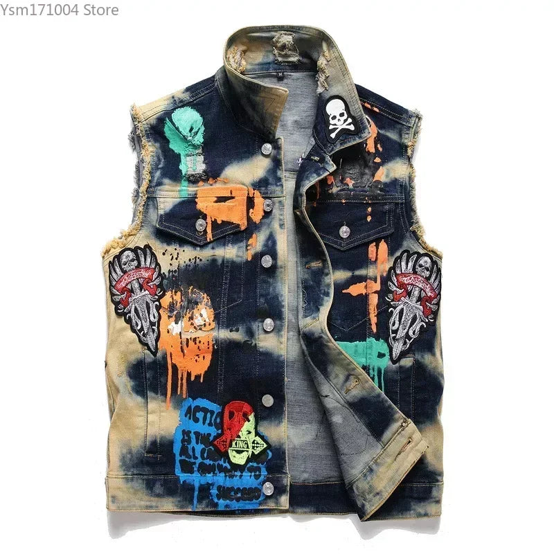 Men's Jackets New Mens Punk Motorcycle Casual Denim Embroidery Jacket Clothing Men's Street Hip Hop Retro Denim Vest Jacket