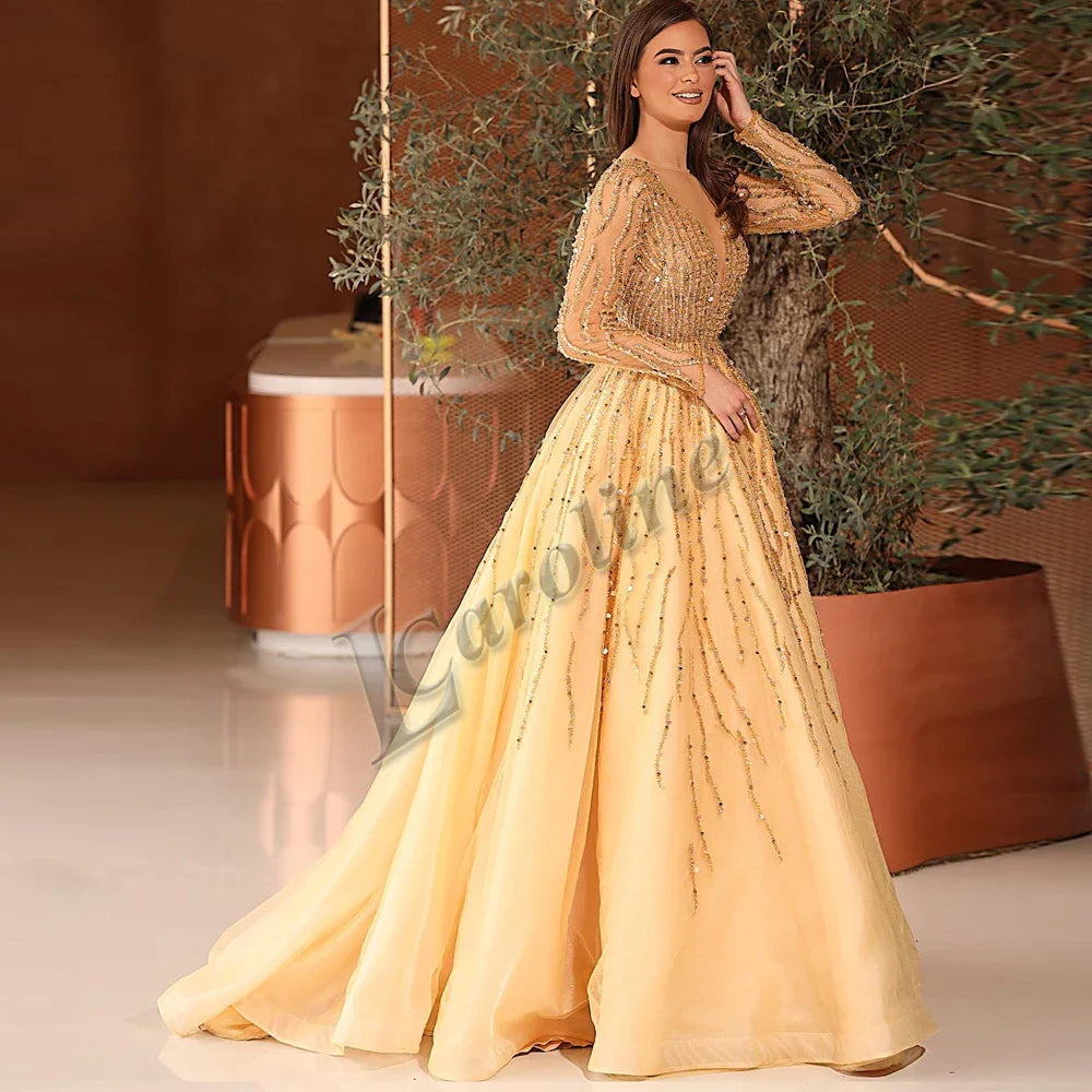 Caroline Light Yellow Beading Sequins Evening Gowns For Women Long Sleeve A-line Prom Gowns Party Custom Made Robes De Soirée