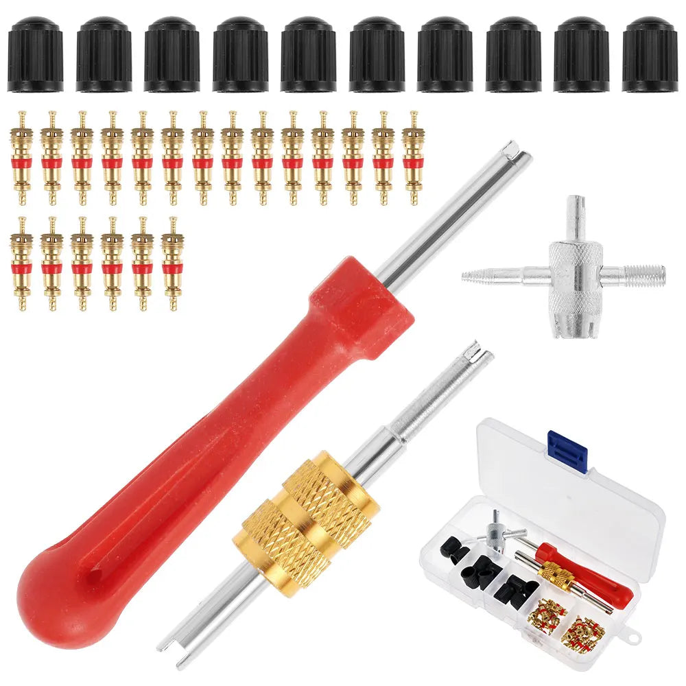 33Pcs Tire Valve Stem Puller Kit Car Motorcycle Valve Stem Core Metal Repair Tools Automobile Tire Install Replacement Tool