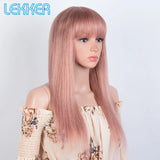 Lekker Wear to go Rose Pink Bone Straight Human Hair Wigs With Bangs For Women Brazilian Remy Hair Glueless Colored Long Wigs