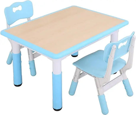 Kids Study Table and Chairs Set, Height Adjustable Plastic Children Art Desk with 2 Seats, Kids Multi Activity Table Set