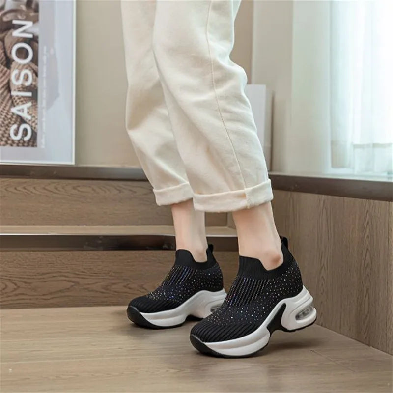 8CM Hidden Heels Platform Sneakers Women Breathable Air Mesh Wedge Sock Shoes Woman 2024 Spring Casual Shoes Zapatos De Mujer