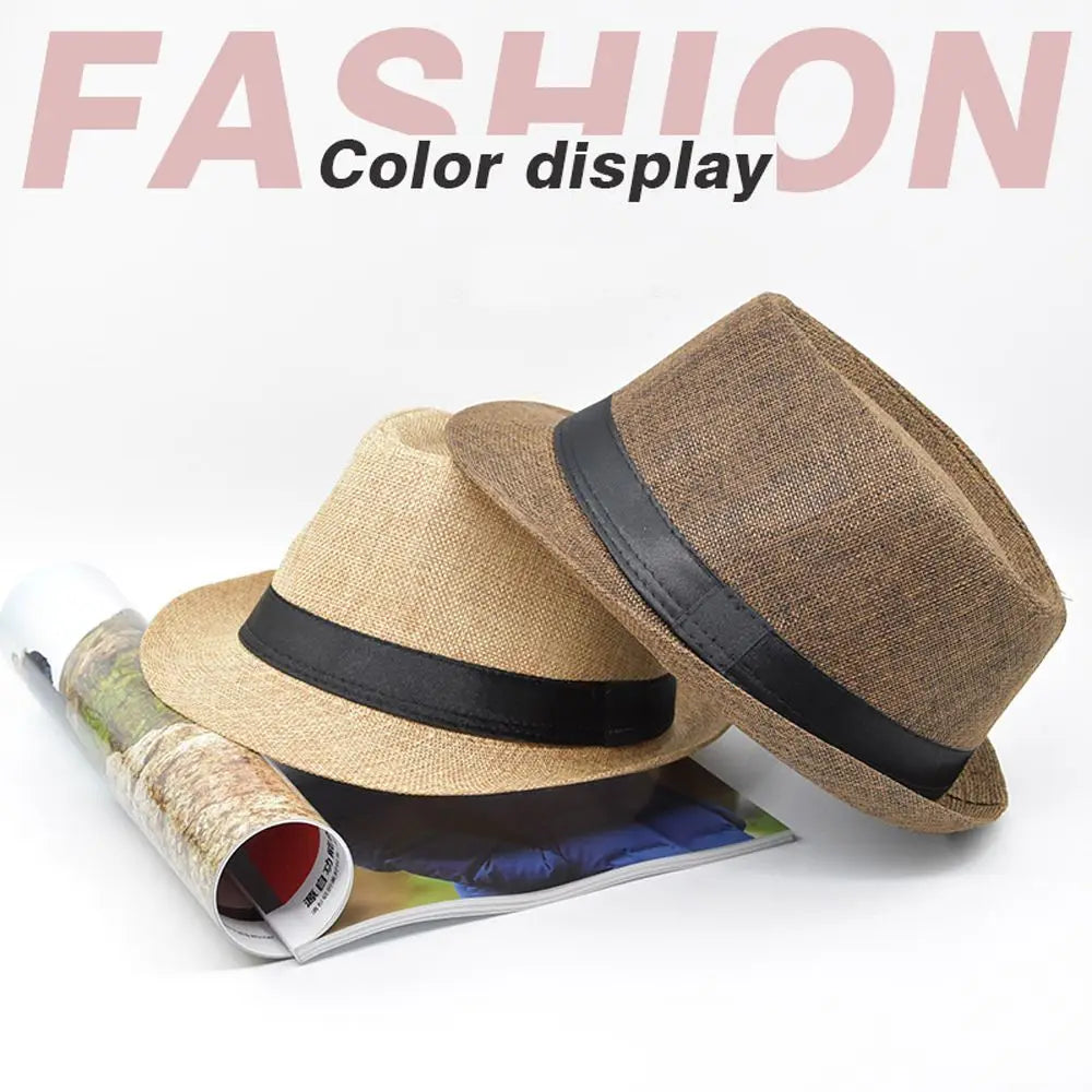 Men Women Straw Fedora Hat Trilby Cuban Sun Cap Panama Short Brim Floral Summer Beach Sun Hat All-Match Vacation Bucket Hat