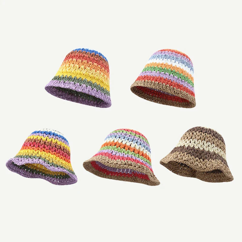 New Colorful Striped Knitted Hat for Women Spring Summer Sunscreen Bucket Hats Girls Sweet Casual Cap Beach Vacation Straw Hat