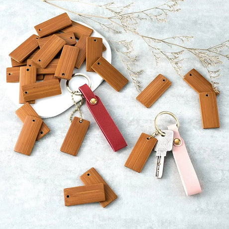 100Pcs 45X20mm Rectangle Tags Bamboo Tags For Keychain Rings, Bamboo Unfinished Wood Key Ring Tag