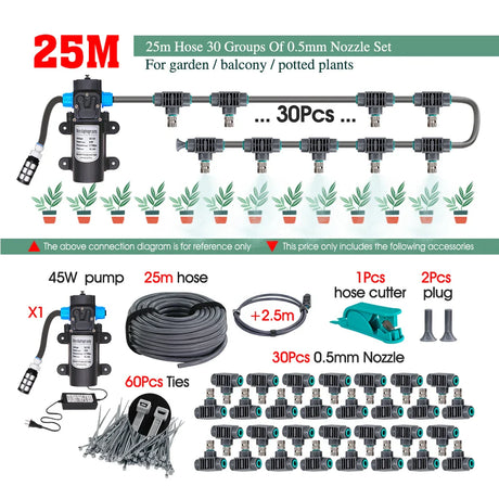 0.5MM Adjustable Spray Nozzle Automatic Irrigation Equipment 45W Pump Timer Fogging Kit for Garden Plants Misting Cooling System