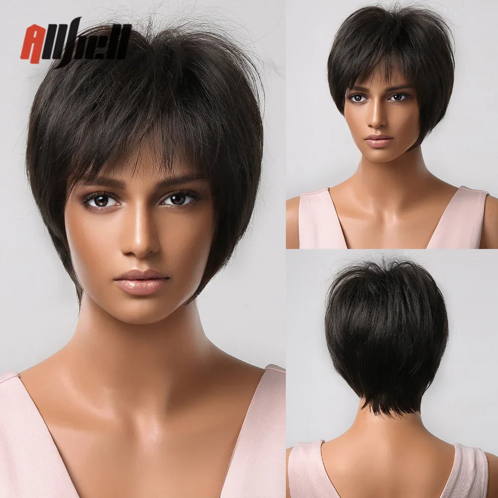 Short Pixie Cut Wig with Highlight Straight Chocolate Brown Synthetic Wig for Black Women Cosplay Daily Heat Resistant Hair Wigs