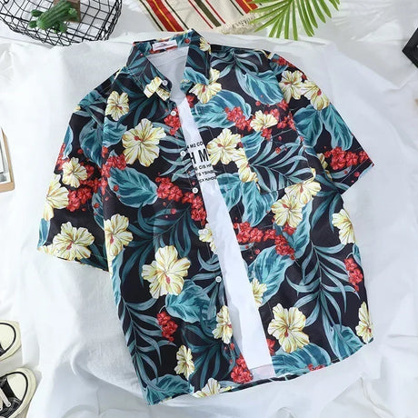 2022 Summer Hawaiian beach seaside flower Shirt for Men Vintage Button Up Thin Half Short Sleeve Shirts Korean Fashion Clothes