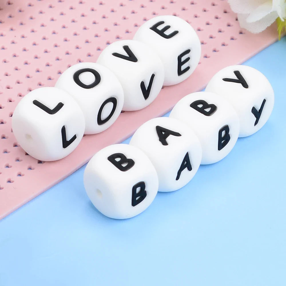 LOFCA 12mm 100pc Food Grade Silicone Baby Teeth Beads Pacifier Chain BPA Free Loose Chew Alphabet Beads Personalized Name DIY