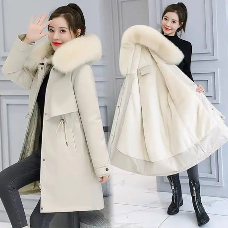 2023 New Winter Jacket Women Parka Fashion Long Coat Wool Liner Hooded Parkas Slim With Fur Collar Warm Snow Wear Padded Clothes