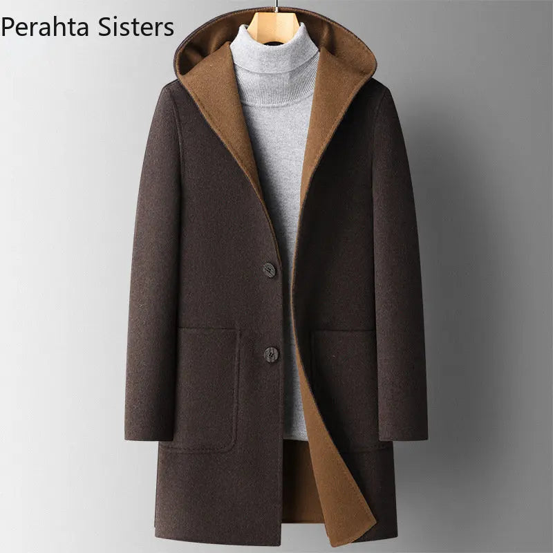 Luxury Top Quality Double-sided Wool Trench Coat For Men Autumn Winter Fashion Mid-length Hooded Woolen Long Coat Man Clothing