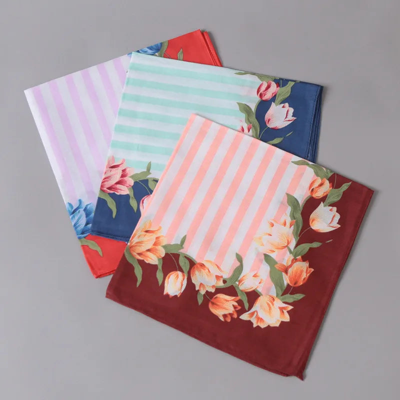 3Pcs 43x43cm Square Flower Printed Lady Women Handkerchiefs Vintage Cotton Towel Mother's Day Gift