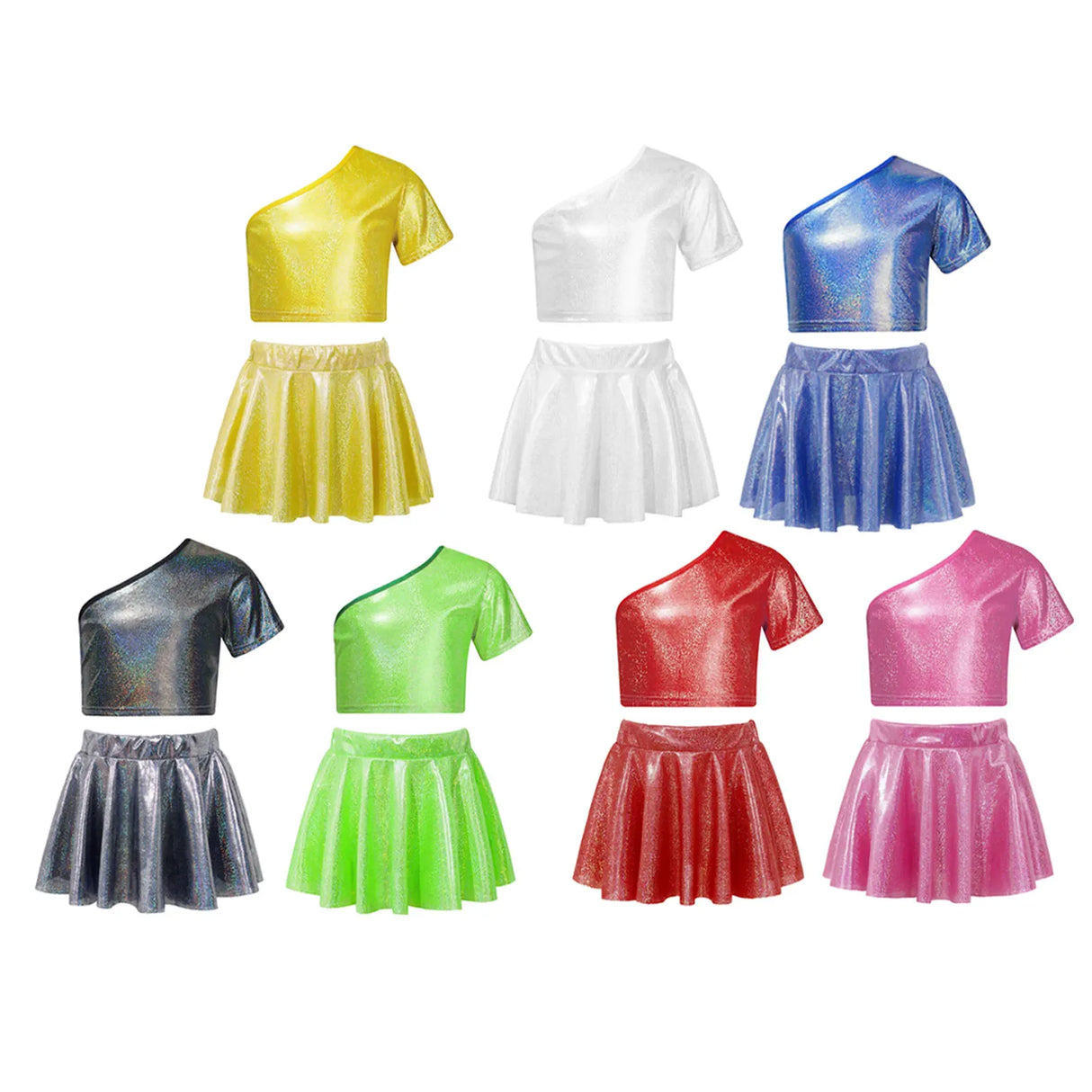 Kids Girls Street Hip Hop Dance Costumes Cheerleading Outfit Metallic Shiny One Shoulder Crop Top with Skirt Set Girl Dance Wear