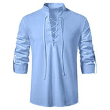 Spring Summer Men's Shirts Cotton Linen Long Sleeved Henley Shirt V Neck Casual Lace Up Tops Male Breathable Thin Bloluses