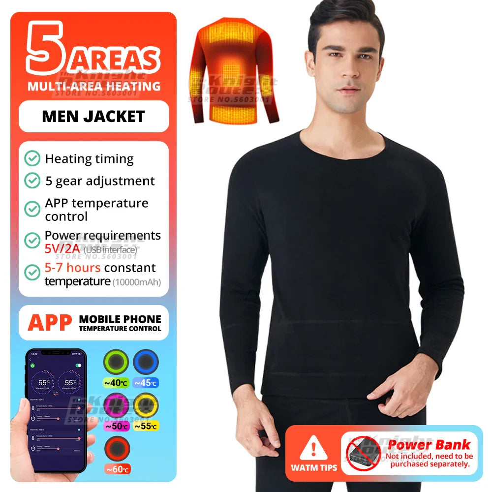 24 Areas Winter Self Heating Jacket Men Heated Underwear Thermal Tops Pants Motorcycle Heated Jacket Mobile Phone APP Control