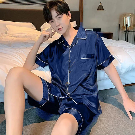 Satin Sleepwear Clothes Solid Ice Color Sleeve 2pcs Short Men Thin Sets Summer Silk Pajama Home Male Casual Suit Shirt+shorts