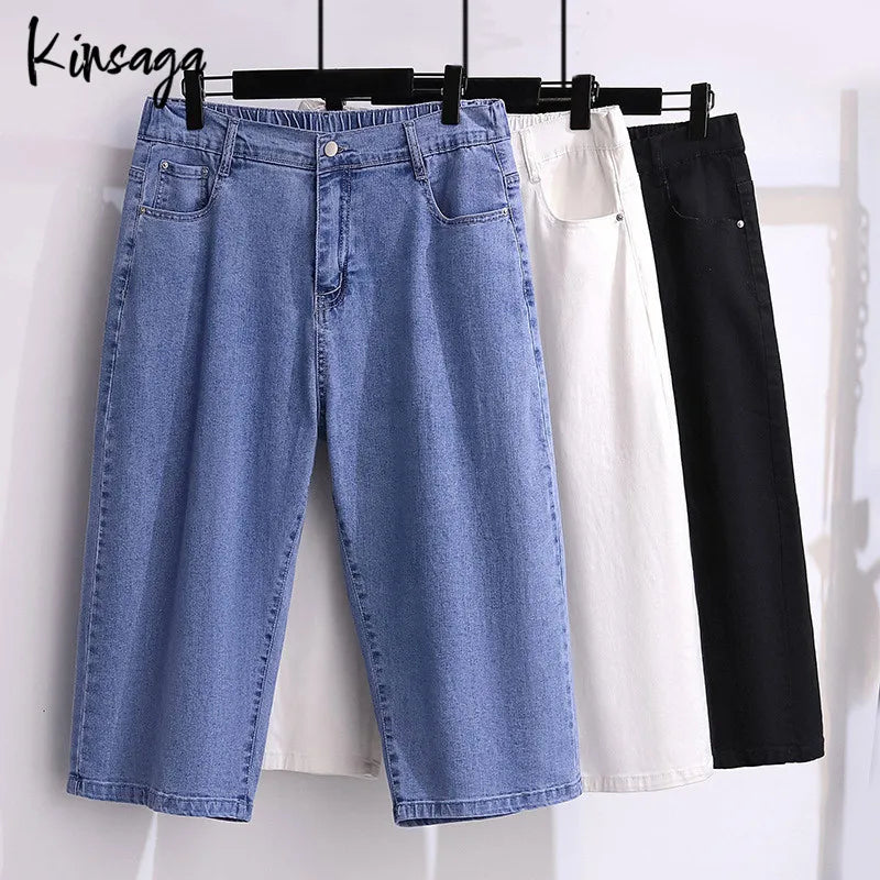 Plus Size Capris Jeans Bermudas Women 7xl Extra Large Simple Classic Elastic High Waist Straight Leg Cropped Demin Pants Female